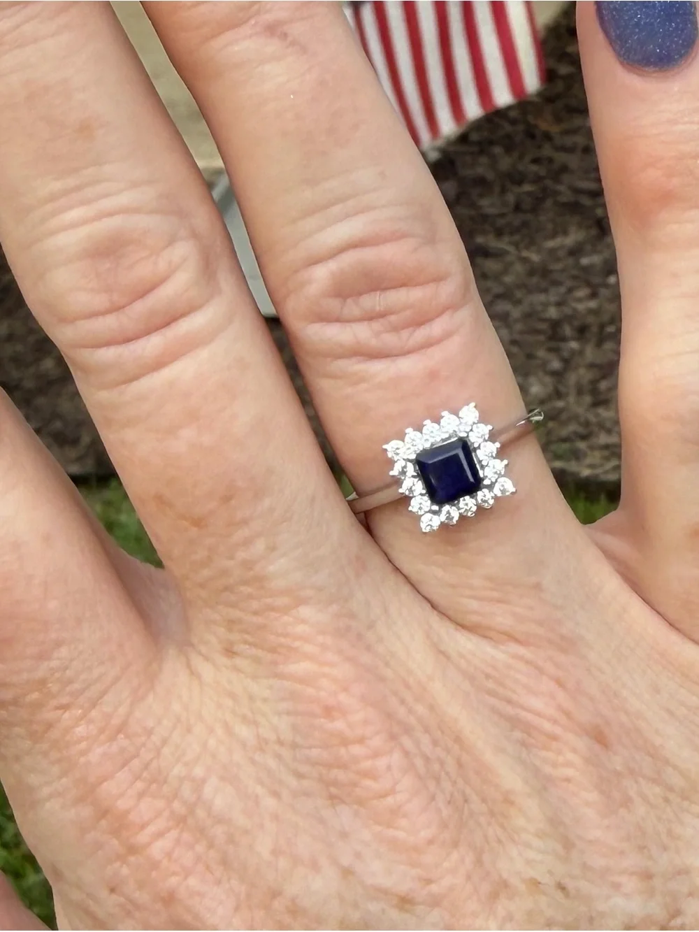 Natural Blue Sapphire Square .80CT w/starburst Halo 925 Sterling Silver Ring - 8